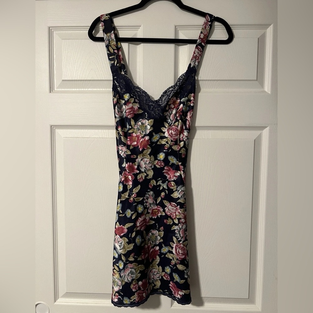 Vintage Vanity Fair Blue Floral Lace Teddy Mini Slip Dress Lingerie Baby Doll‎